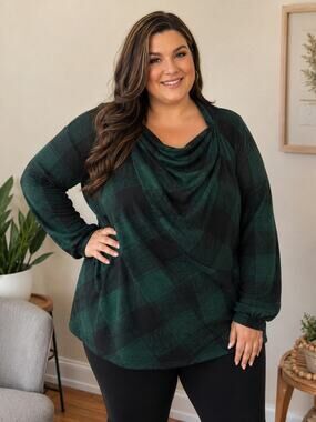 Maurices 2X Green Black Buffalo Plaid Cowl Neck Lightweight Sweater